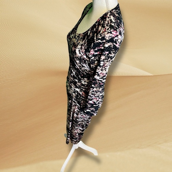 Calvin Klein Black & Pink Abstract Print Pleated Cinched Waist Jersey Knit Dress - Picture 6 of 13